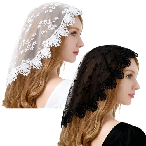 Tyqour 2 PCS Catholic Mantilla Veil Head Coverings for Women 17.72In Lace Veil Circle Round Floral Veils for Church Catholic Black & White