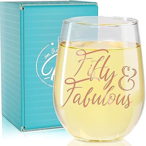 On The Rox Drinks 50th Birthday Stemless Wine Glass for Women - 50 & Fabulous- 50 Year Old Wine Glass Birthday Gift- Rose Gold Print Ideal for Women, Mom, Friend, Sister Turning Fifty - 17 oz Cover