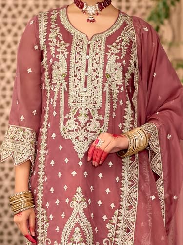 Image of INDO ERA Women's Straight Organza Ethnic Motifs Embroidered Kurta & Pant With Dupatta Set (KH9YL10613)