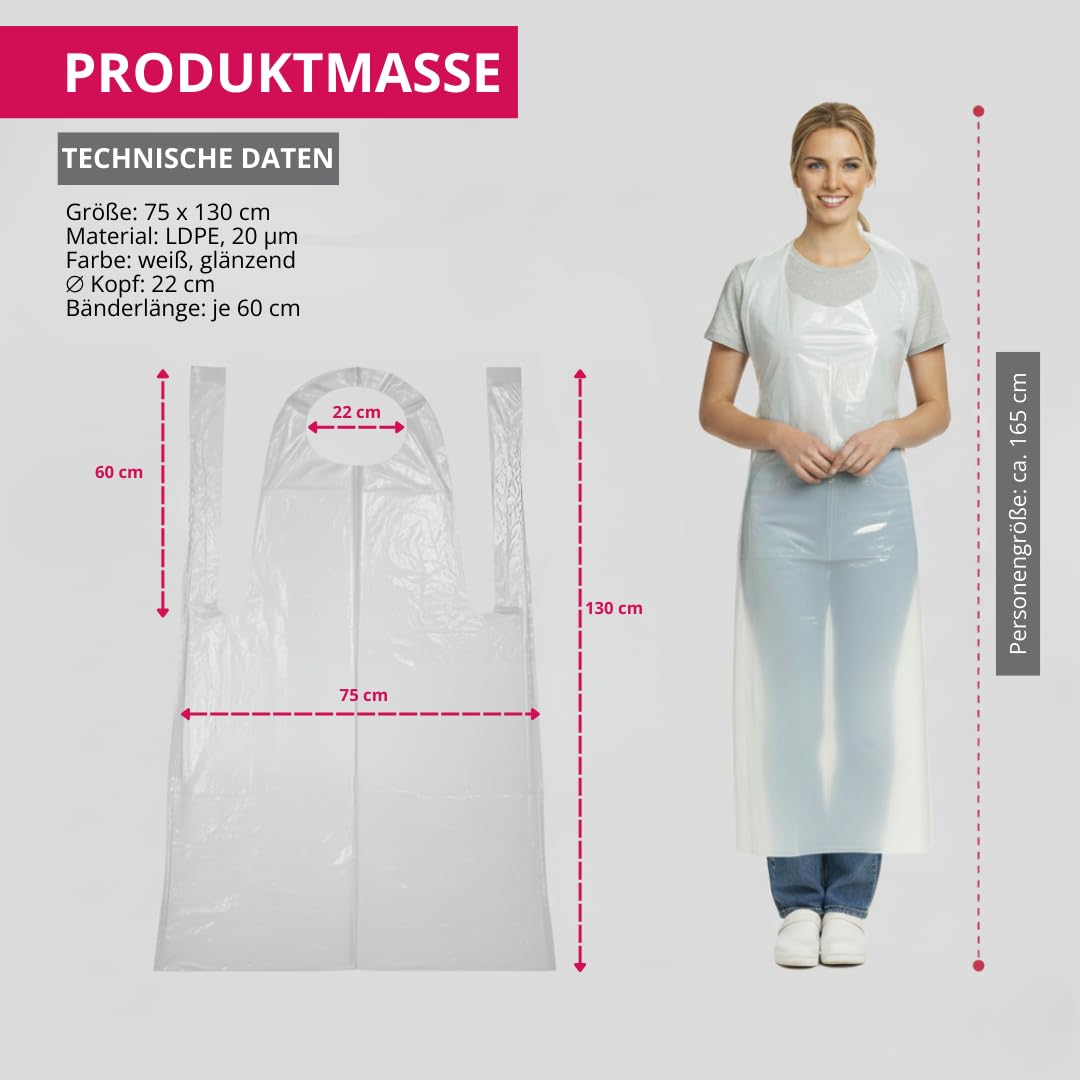 Suleno Einwegschürzen LDPE (100-300 Stück) weiß 20 µm Reißfeste | Plastikschürzen Einweg 75x130cm, Wasserdichte Einmalschürzen für Gastronomie, Küche, Catering, Hygieneschürzen Großpackung