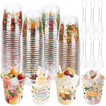 Kochorie 100 Pack Plastic Dessert Cups 12 Oz Clear Disposable Cups with Spoons Hawaii Cocktail Dessert Cups for Summer Beach Luau Wedding Birthday Party Supplies