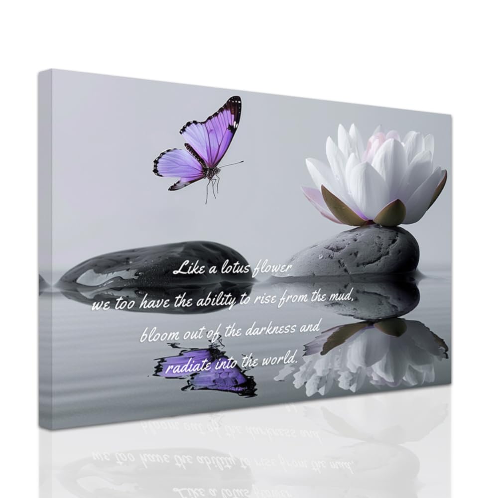 ZXHYWYM Zen Bathroom Wall Art Pictures Lotus Flower Motivational Quotes Canvas Painting Spa Stone Prints for Meditation Yoga Room Office Framed (30 x 45 cms)