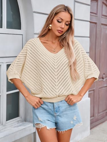 Image of Libsorge Womens Sexy V Neck 3 /4 Sleeve Sweater Spring 2025 Trendy Dressy Casual Outfits Lightweight Crochet Knit Pullover Top