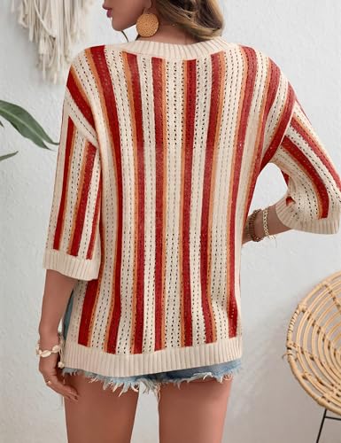 Image of Rapbin Women's Crochet V Neck Beach Cover Up 3 /4 Sleeve Hollow Out Knitted Pullover Sweater
