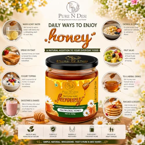 Image of PURE N DESI Multifloral Honey 500g | Raw Unfiltered Honey Glass Jar | Raw Multifloral Honey collected from diverse blossoms for a naturally rich floral taste.