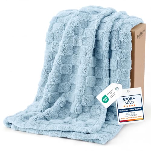 Bedsure Checkered Fleece Throw Blankets for Bed/Couch, Light Blue,50"×70"