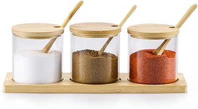 برطمان توابل زجاجي مع ملعقة وغطاء من سكيلانج، برطمان ملح لحفظ الطعام في المطبخ والشاي والقهوة والسكر والملح، مجموعة من 3 قطع