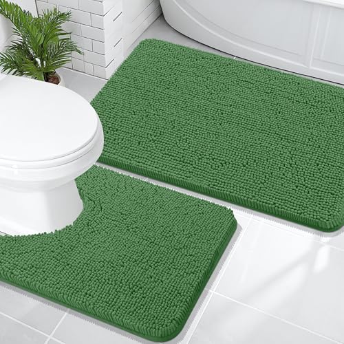 Image of OLANLY Bathroom Rugs Sets 2 Piece, Soft Absorbent Chenille Bath Mats and U-Shaped Contour Toilet Mat Area Rug Set, Machine Washable Bath Carpet, Home Decor Accessories(36 inchx24 inch+24 inchx20 inch, Olive Green)