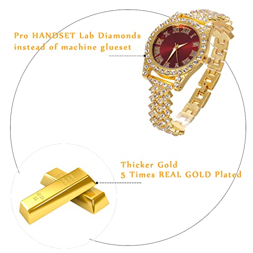 Image of Halukakah Diamonds Gold Watch Iced Out, Kid's 18K Real Gold /Platinum White Gold Plated 36MM Width Green /Blue /Red Dial Quartz Wristband 8 inch with Cuban Link Chain 7 inch+16 inch Bracelet, Free Giftbox