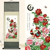 Newscz Asiatische Wandkunst für Wohnzimmer, Chinoiserie-Dekor, vertikale Wandrolle, Seidenrolle, Malerei, Kunstposter, Vierjahreszeiten-Malerei, orientalisches Dekor, Kunst-Wandbild, fertig zum