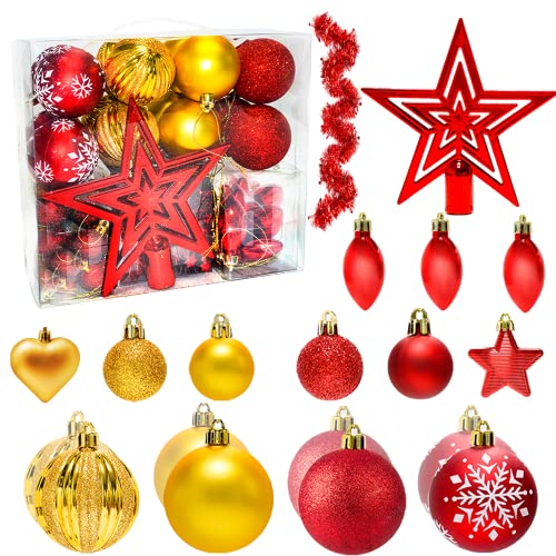 50 Pièces Boules de Noël Ornements Décorations De Boule De Noël Rouge et Or Ceinture Cime d'arbre pour Arbre De Noël Cover
