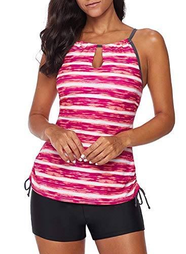 Ancoset Women's 2 Pieces Swimwear Stripe Printed Tankini Top with Boyshort Swimsuits Sets