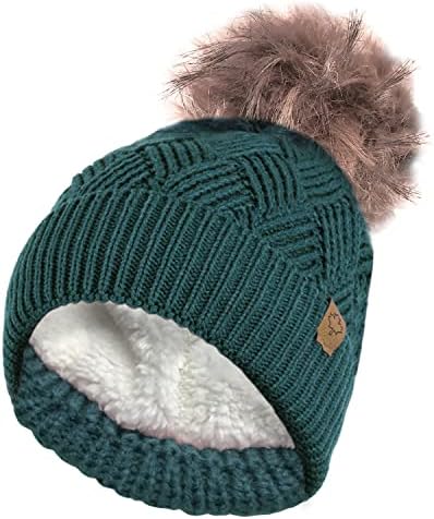 RockJock Ladies Warm Chunky Diamond Cable Knit Hat with Thermal Teddy Fleece Lining and Detachable Faux Fur Pompom
