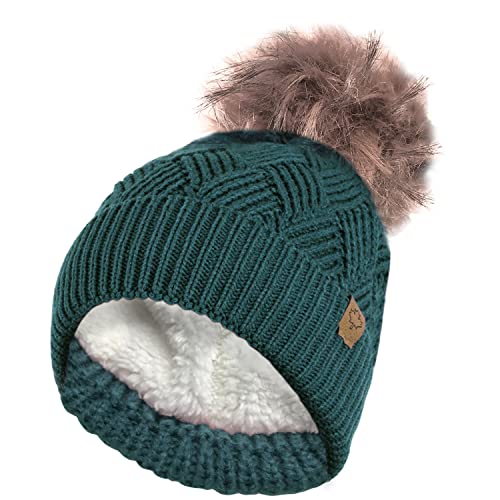 RockJock Damen Warm Chunky Diamond Cable Strickmütze mit Thermo Teddy Fleece Futter und abnehmbarem Kunstpelz Pompom