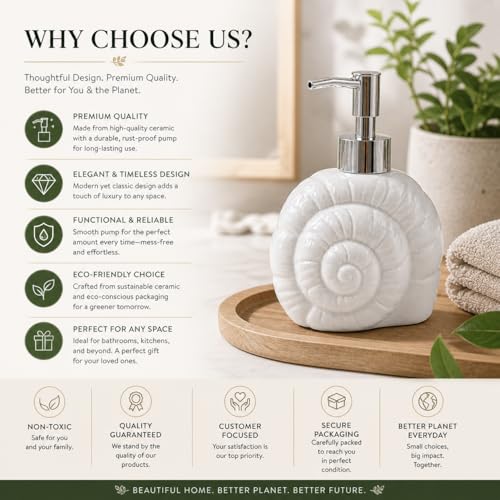 Image of Whizzo Ceramic Shell Shaped Liquid Soap Dispenser with Chrome Pump | Elegant Bathroom & Kitchen Accessory | White Glossy Finish | Refillable Handwash Lotion Bottle (420ML, LD-212, Design3)