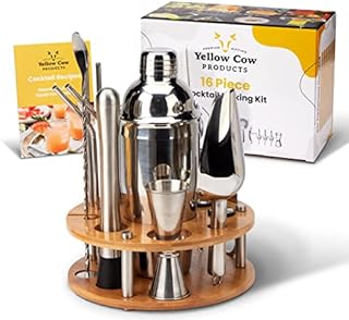 Yellow Cow Products - 16 Piece Cocktail Shaker Set with 750ml Cocktail Shaker, Bamboo Stand & Recipe Book