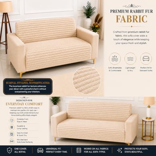 Image of Homerz Premium Rabbit Fur Sofa Cover with Anti-Skid Backing, Soft Plush Fabric Sofa Protector for Living Room Furniture (Beige, 2 Seater, Seat Cover with Backrest)