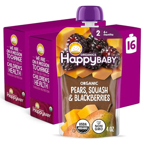 Happy Baby Organics Stage 2 Baby Food Pouches, Gluten Free, Vegan & Healthy Snack, Clearly Crafted Fruit & Veggie Puree, Pears, Squash & Blackberries, 4 Ounces (Pack of 16)