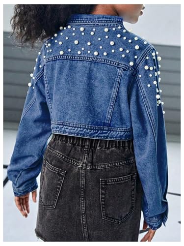 Image of WDIRARA Girl's Beaded Denim Jacket Button Down Collared Long Sleeve Jeans Jackets Y2K Outerwear