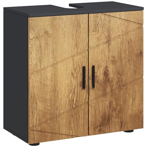 kleankin - Mueble para lavabo (2 puertas, estante ajustable, armario de almacenamiento, 60 x 30 x 60 cm, color gris antracita y madera