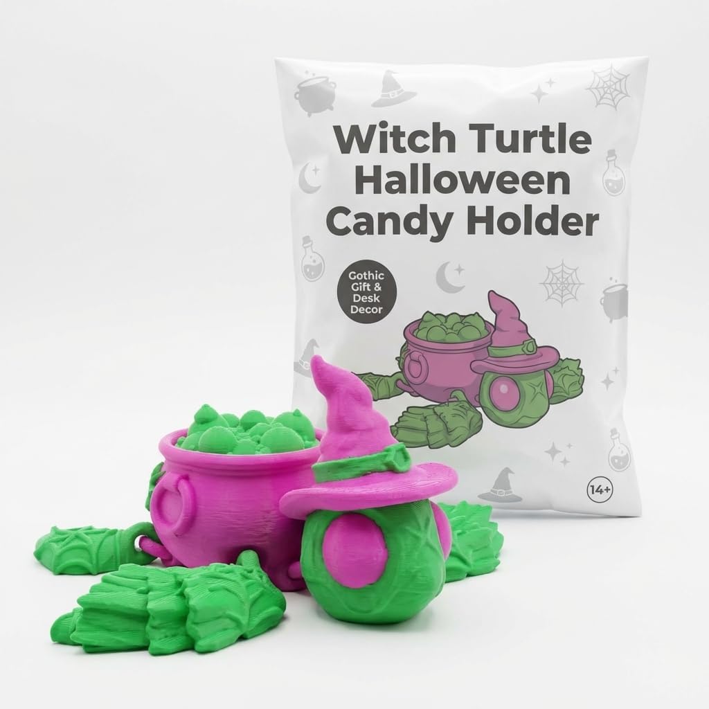 Witch Turtle Collectible Figurine - Colorful Cauldron Design for Unique Shelf Display and Halloween Decor - 3D Printed in Canada