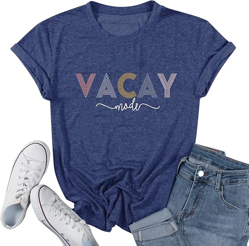Image of Vacay Mode T Shirts for Women Summer Beach Hawaii Vacation Short Sleeve Tops Holiday Cruise Getaway T Shirts