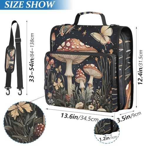 Image of 3 Ring Zipper Binder with Shoulder Strap Mushrooms Flowers Butterflies (2) 1.5 inch Binders Keeper Large Capacity Multi Pockets for School Office Supplies
