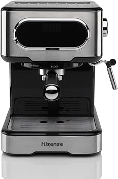 Hisense, HESCM15DBK Máquina espresso molida y compatible con ESE 44 mm, presión de 15 bar, pantalla táctil, 1100 W, plata, 27,4 x 30 x 27,2 cm1