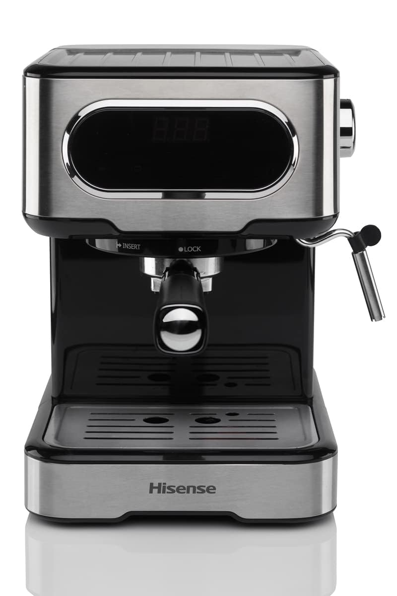 Hisense, HESCM15DBK, Machine à expresso manuelle, moulue et compatible avec dosettes ESE 44 mm, Mousseur à lait automatique et manuel, pression 15 bar, écran tactile, 1100W, Silver, 27,4 x 30 x 27,2