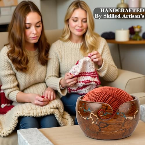 Image of Wooden Yarn Bowl Knitting & Crochet Yarn Holder | Handcrafted Crochet Bowl with Fractal Wood Burning & Blue Resin Inlay (Blue Large 7x7x4) (Multi)