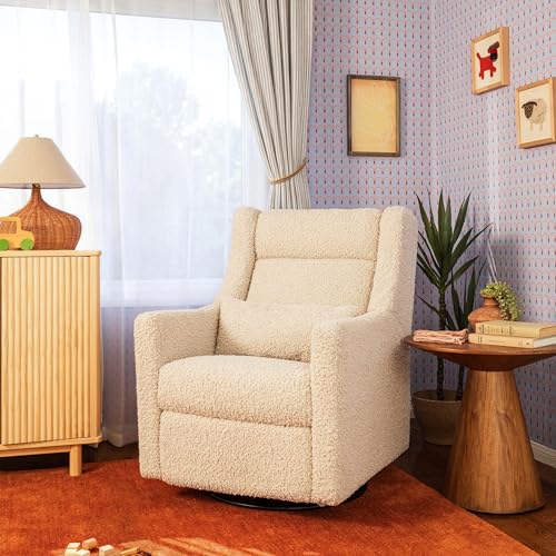 Image of Babyletto Kiwi Plus Electric Recliner Glider in Almond Teddy Loop | GREENGUARD Gold & CertiPUR-US Certified - Power Recliner Rocking Nursery Chair w / USB Ports - 270 Swivel
