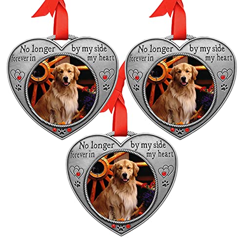 Banberry Designs Pet Memorial Picture Ornament - No Longer By My Side - Heart Shaped Photo Frame Ornament - Loss Of A Pet - Pet Sympathy - 3 Pack - Gift/Storage Bag Included #TOP4