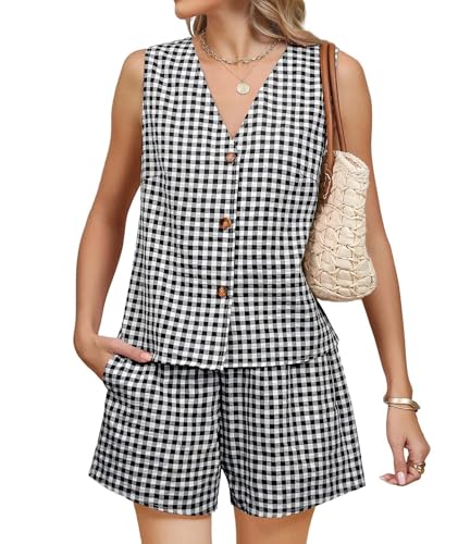 SEMATOMALA Women's Summer 2 Piece Outfits Sleeveless Gingham Vest and Shorts Beach Vacation Matching Sets