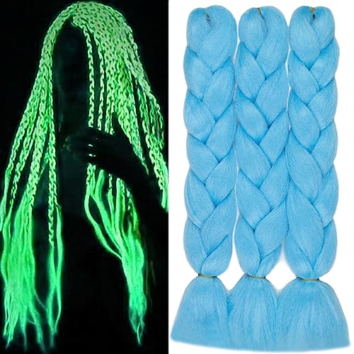 Light Blue Braiding Hair Jumbo Box Braids Hair Extensions 24inch 3Pcs Glow in the Dark Hair