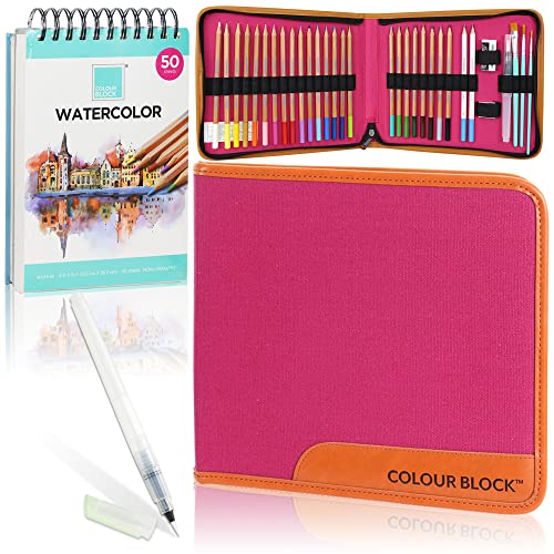 Colour Block Watercolor Pencil Travel Art Set I 34Pc Professional Drawing Kit, 50Sheets Drawing Pad, Paint Brushes I Vibrant Pigments For Coloring, Blending #TOP6