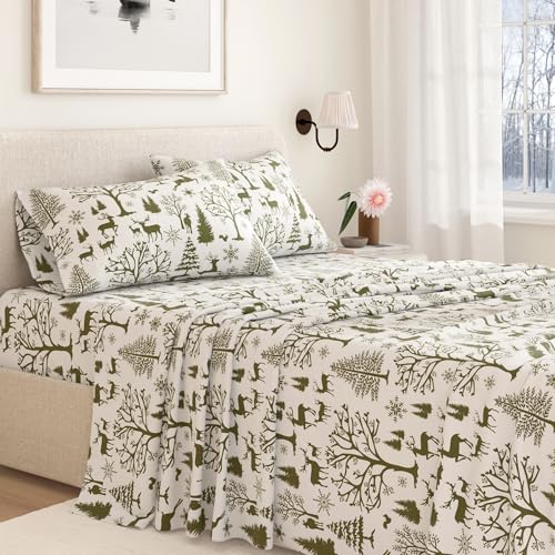 Image of Great Bay Home Flannel Sheet Set Queen Size - 100% Turkish Cotton, Double-Brushed, Lodge-Printed Bed Sheets - Ultra-Soft, Cozy, 4-Piece Bedding Set (Olive Branch Enchanted Woods)