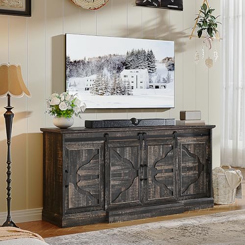 YITAHOME TV Stands with Power Outlets for 70/65 Inch Television, Modern Farmhouse Entertainment Center TV Media Console with Barn Sliding Doors & Adjustable Shelf for Living Room, Dark Rusti
