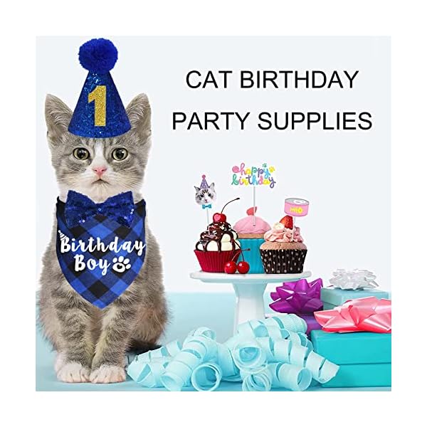 Jotfa cat birthday party supplies, plaid cat kitten birthday boy bandanas with cat birthday hat cat bow tie birthday number for cat kitten birthday decorations - image 3