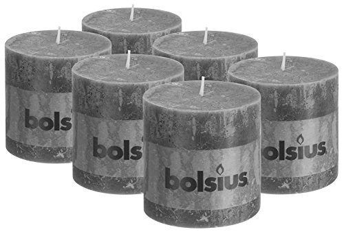 Bolsius Rustic Set of 6 Pillar Candles 4 X 4 Inch Light Gray Fragrance Free Luxury Decoration Household Table Dinner Candles - Clean Burning Prefect for Wedding, Birthday Party, (100x100mm)