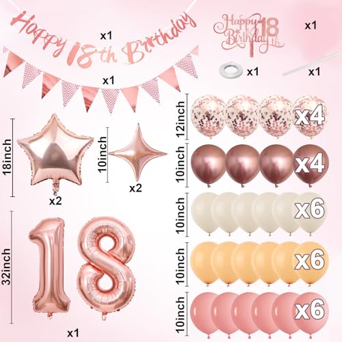 Image of Jobkoo 18th Birthday Decorations for Girls, Retro Pink Nude Number 18 Balloon Set Happy 18th Birthday Banner Cake Topper Dusty Pink Beige Rosegold Star Balloons for Boho 18 Year Old Bday Party Decor