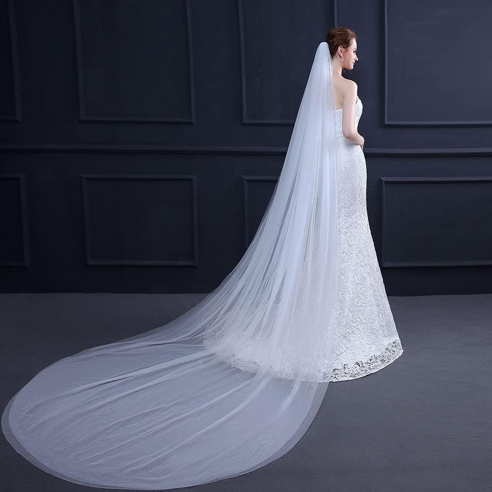 JWICOSGorgeous Wedding Tulle Veil Long Cathedral Veils for Brides Soft Tulle 2 Tiers Veils with Comb (Ivory)