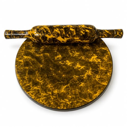 Image of SSA Waterproof MDF Chakla Belan Set | 10 Inch Waterproof Rolling Board with 12 Inch Wooden Belan | Handcrafted Marble Design | Non Slip Surface | Roti Chapati Paratha Puri Dough Roller | Yellow