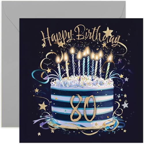 Special 80th Birthday Card for Him - Eighty Years Old Birthday Greeting Cards - Navy Blue and Gold Birthday Cake Artwork Birthday Cards for Men - Stylish and Traditional Male Birthday Cards