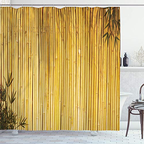 ABAKUHAUS Bambú Cortina de Baño, Naturaleza Las Hojas de Madera Tallos, Material Resistente al Agua Durable Estampa Digital, 175 x 200 cm, Amarillo