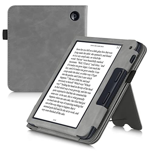kwmobile Case Compatible with Kobo Libra 2 - Cover Faux Nubuck Leather e-Reader Flip Case - Grey