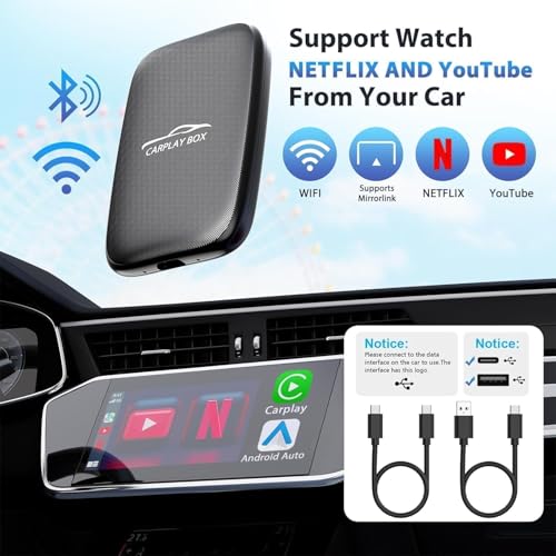 Quanlex wireless Carplay Adapter and Android Auto Support for Netflix/YouTube/TF Card, Carplay wireless Adapter with USB-A C and USB-C Cables for iPhone Android (Black) - Image 2