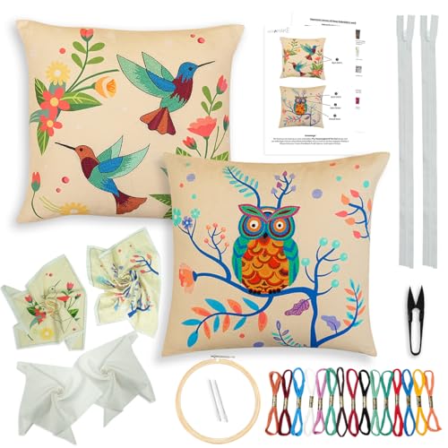 Image of picknMAKE Pack of 2 DIY Cushion Cover Hand Embroidery Kit for Beginners & Adults | Cross-Stitch Pillow Covers with Digitally Printed Designs | Complete Kit with Threads, Needle & Hoop | 16 inchx16 inch
