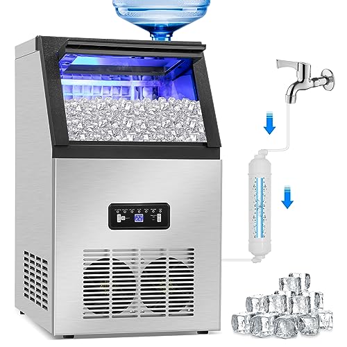 Commercial Ice Maker Machine 120Lbs/24H with 2 Water Inlet Modes, 36Pcs Ice Cubes in 8-15 Mins, Stainless Steel Under Counter/Freestanding Ice Machine with 28Lbs Storage Bin for Home/Shop/Office/Bar