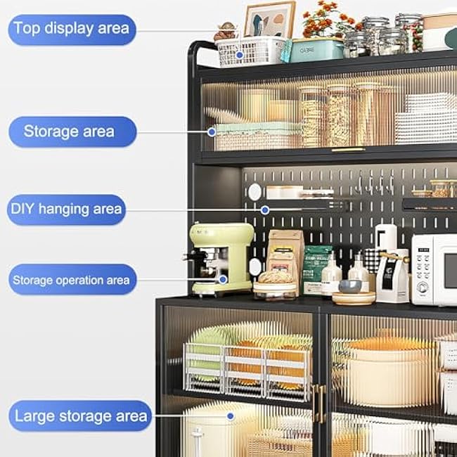 White Coffee Bar Cabinet with Microwave Stand, Bakers Rack & Transparent Flip Switch Door, DIY Backplane, Rolling Cart for Kitchen, Dining Room & Living Room - 60 Size-RxrZv0Ig