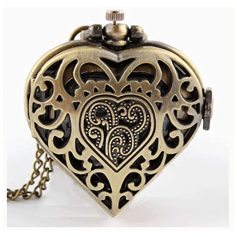 BMKIW Fashion Hollow Bronze Silver Vintage Pocket Watch Necklace Chain Heart-shaped Quartz Watch Cover